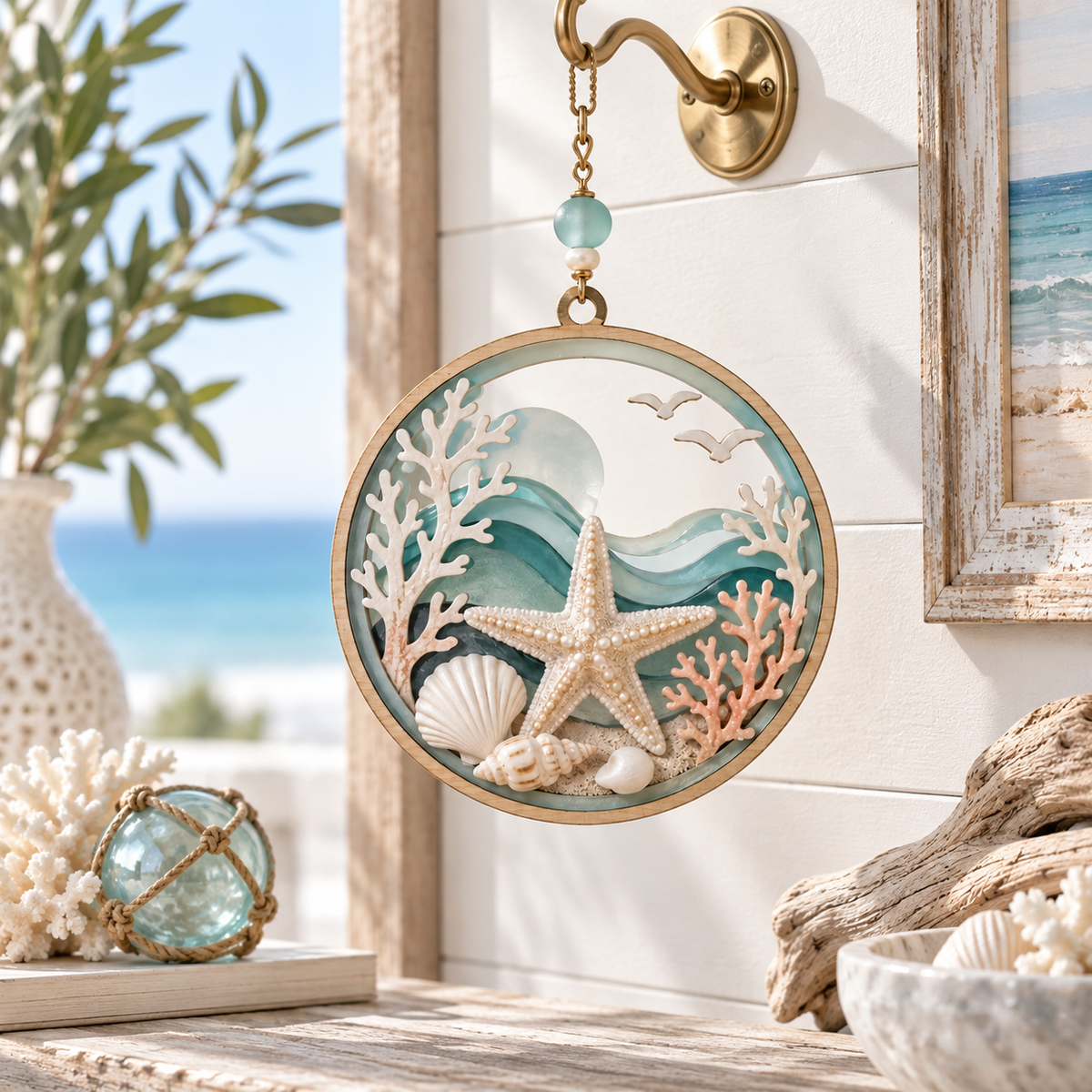 Coastal Starfish Ocean Glass Hanging Decor – Handcrafted Seaside Window Ornament with Shells, Waves & Beach-Inspired Details