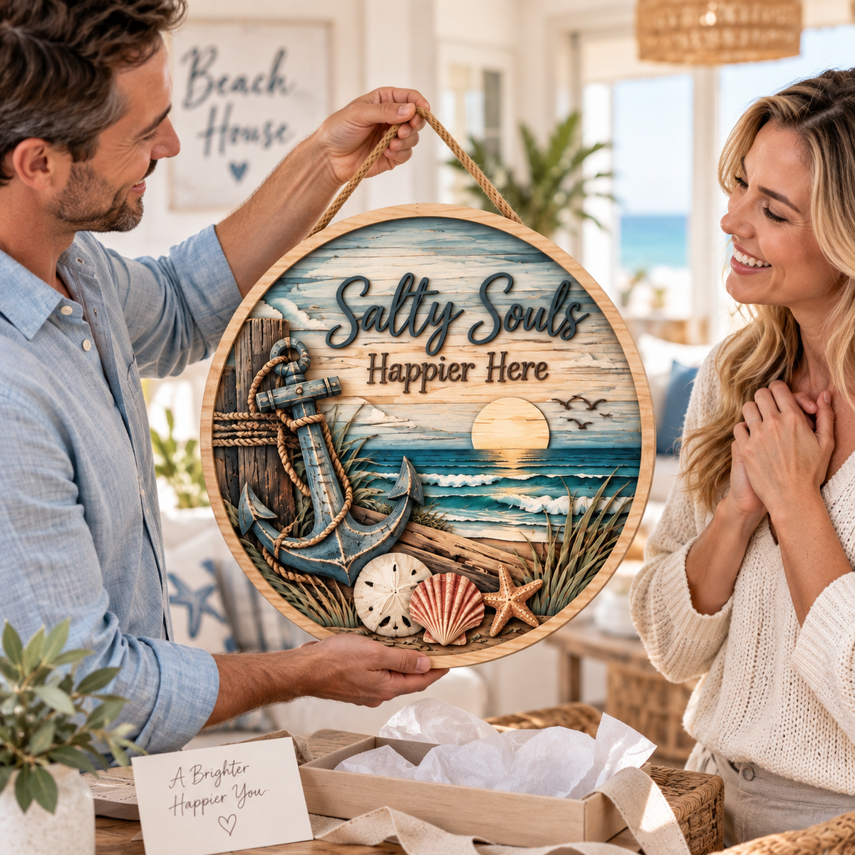 Salty Souls Coastal Wooden Wall Decor – Handcrafted Ocean Hanging Artwork with Anchor & Beach Scene for Coastal Home Style