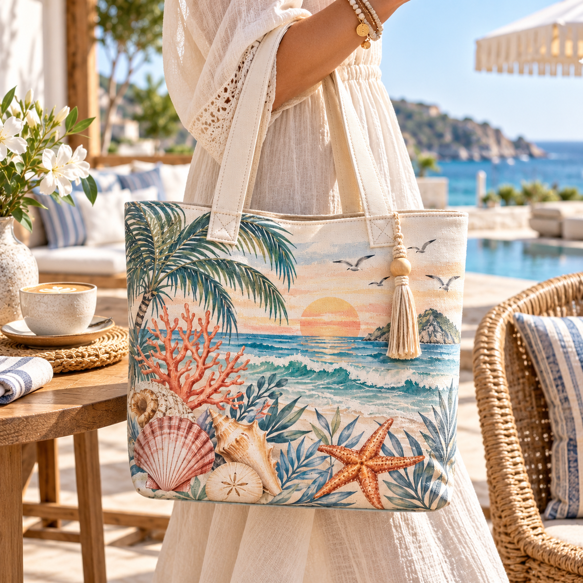 Mediterranean Escape Canvas Tote Bag – Coastal Ocean Wave Beach Bag with Seashell, Coral & Sunset Design