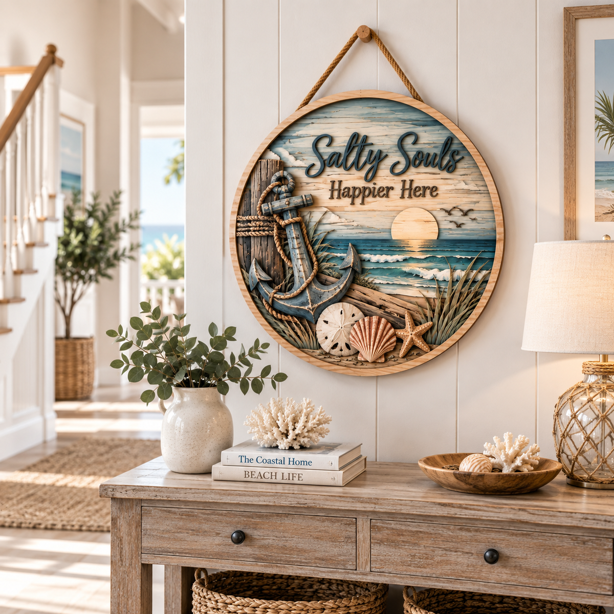 Salty Souls Coastal Wooden Wall Decor – Handcrafted Ocean Hanging Artwork with Anchor & Beach Scene for Coastal Home Style