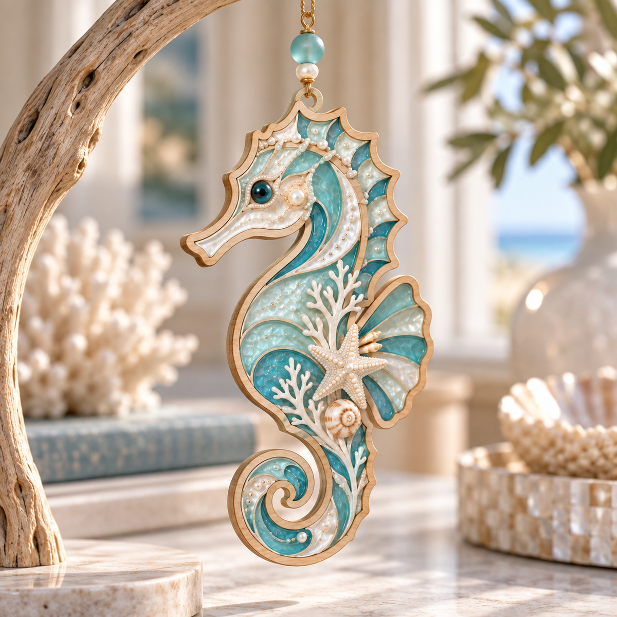 Ocean Grace Seahorse Hanging Decor – Handcrafted Coastal Ornament with Pearl Details, Starfish & Ocean-Inspired Design