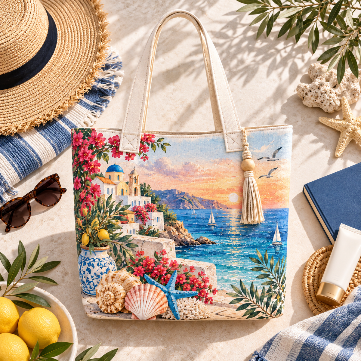 Mediterranean Village Canvas Tote Bag – Coastal Travel Tote with Seaside Town, Ocean View & Floral Beach Design