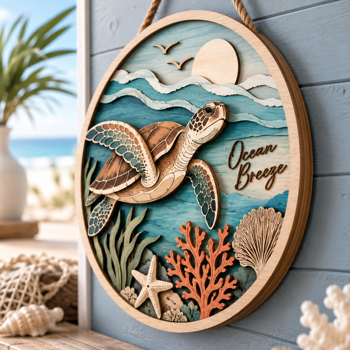 Ocean Breeze Sea Turtle Wooden Wall Decor – Handcrafted Coastal Hanging Artwork for Beach House & Ocean Lover Home